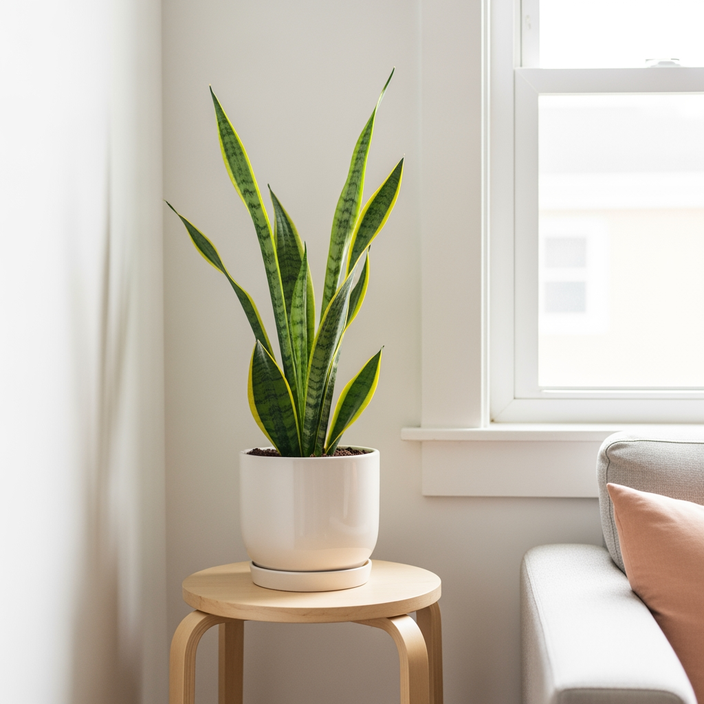 A snake plant on a stool by a sunlit window