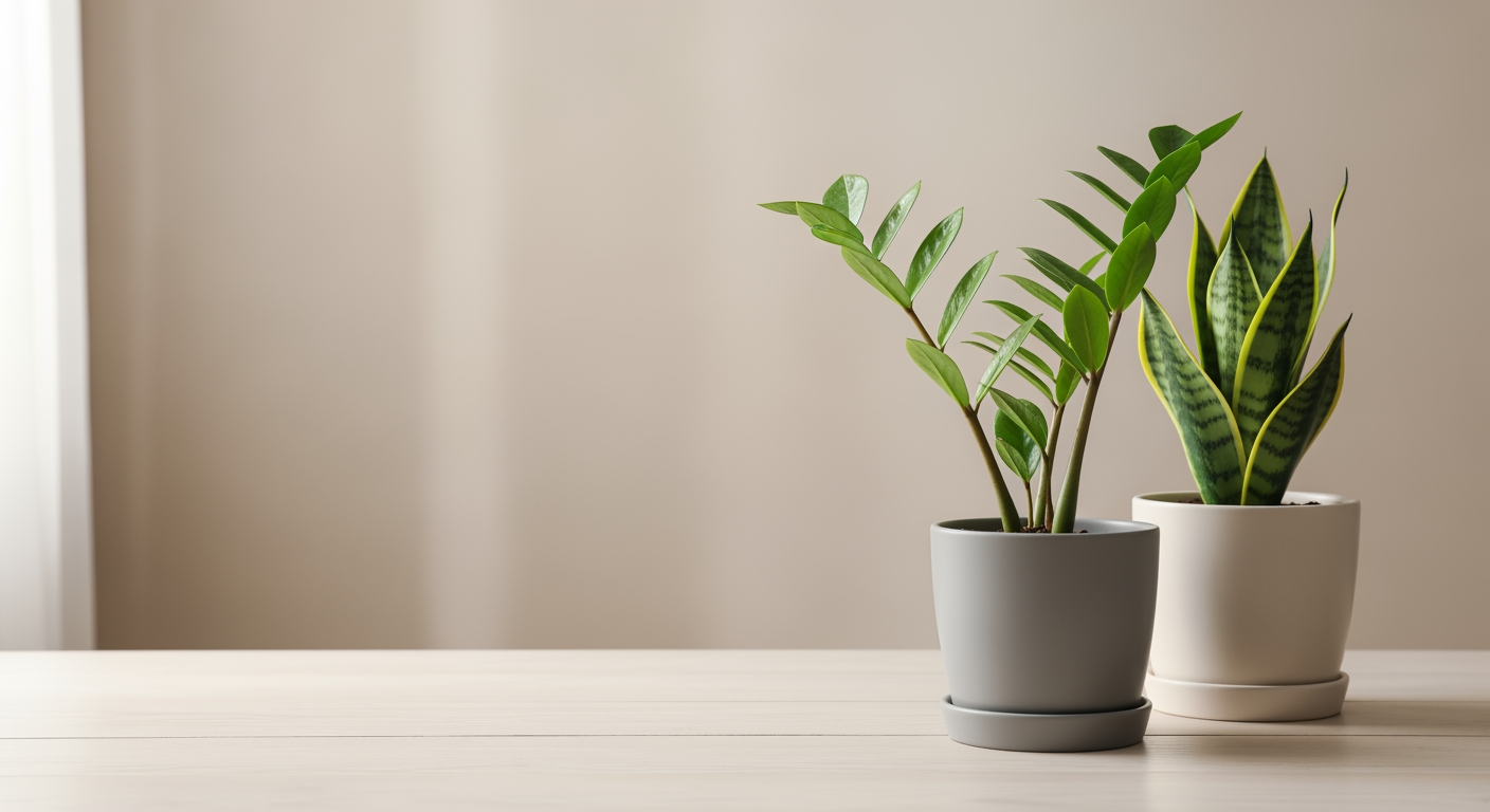 A ZZ plant and snake plant in pots on a table
