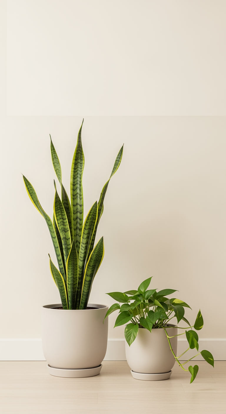 A snake plant and money plant in pots on a wooden floor